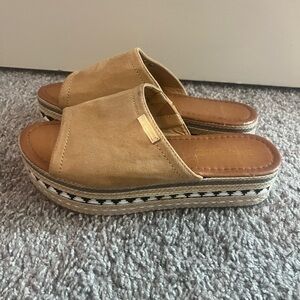 Tan Faux Suede Platform Slide Sandals